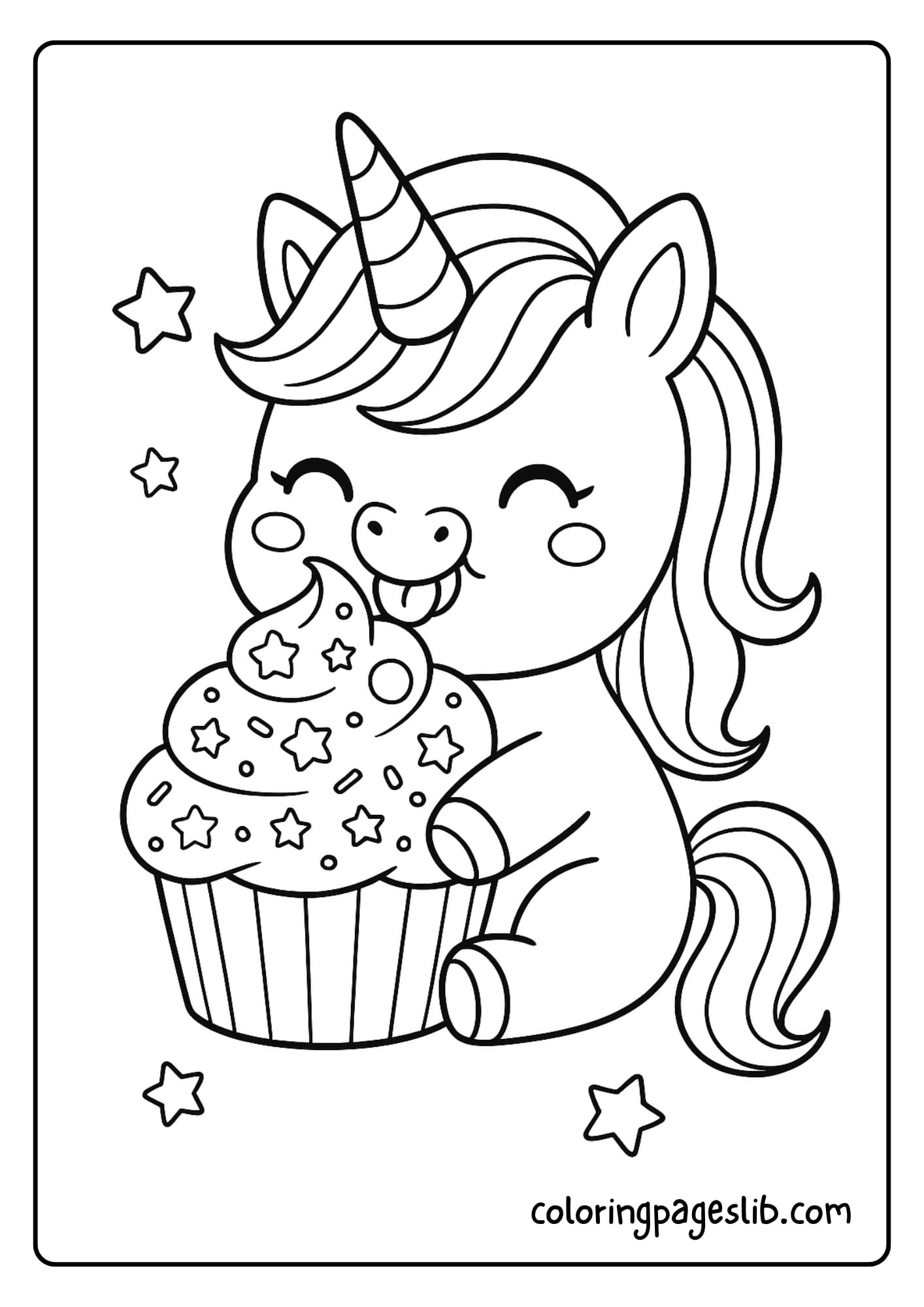 Adorable Kawaii Unicorn Coloring Pages – Unicorn Eating a Giant Cupcake