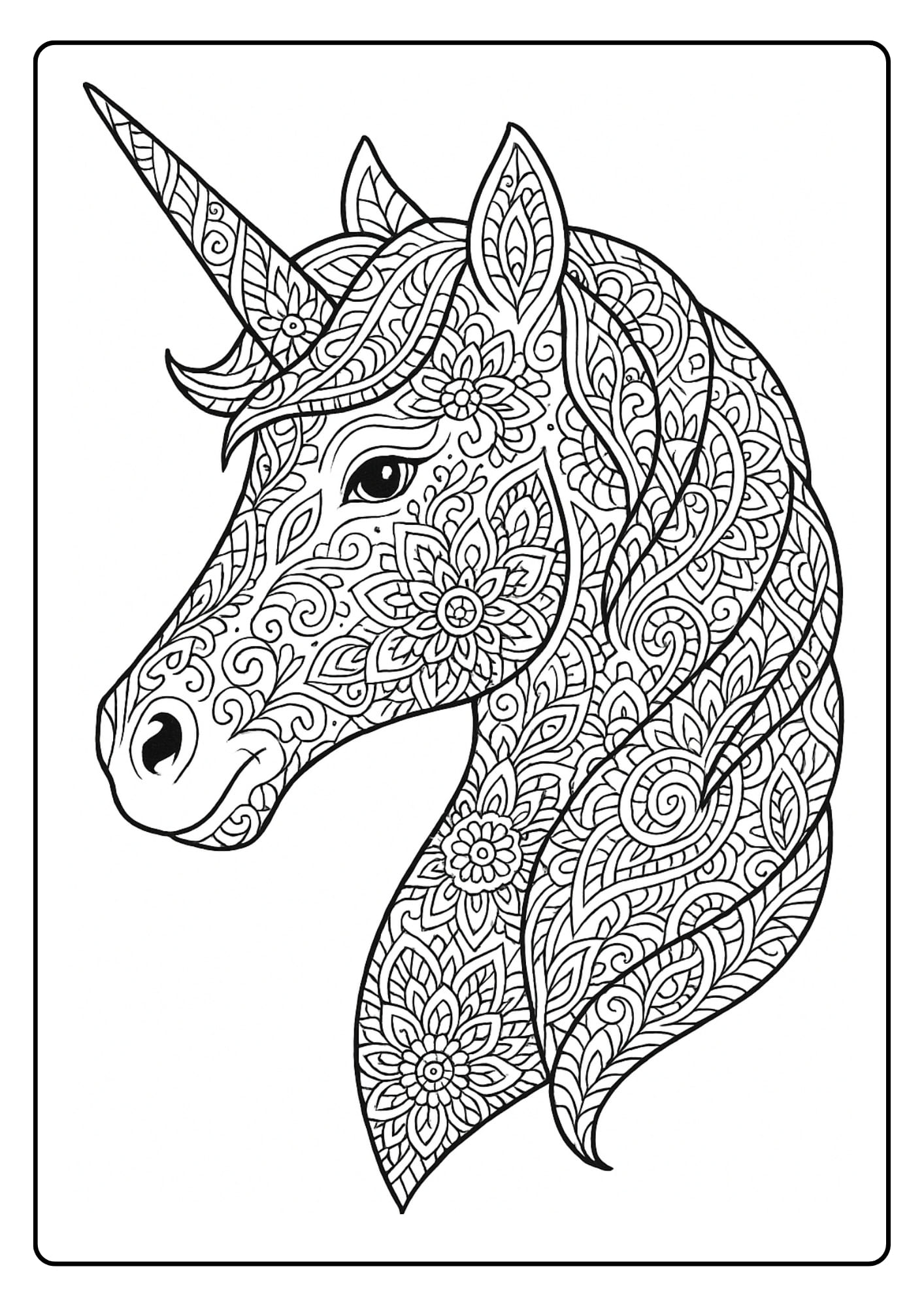 Adult Unicorn Coloring Pages – Mandala Patterned Unicorn Head