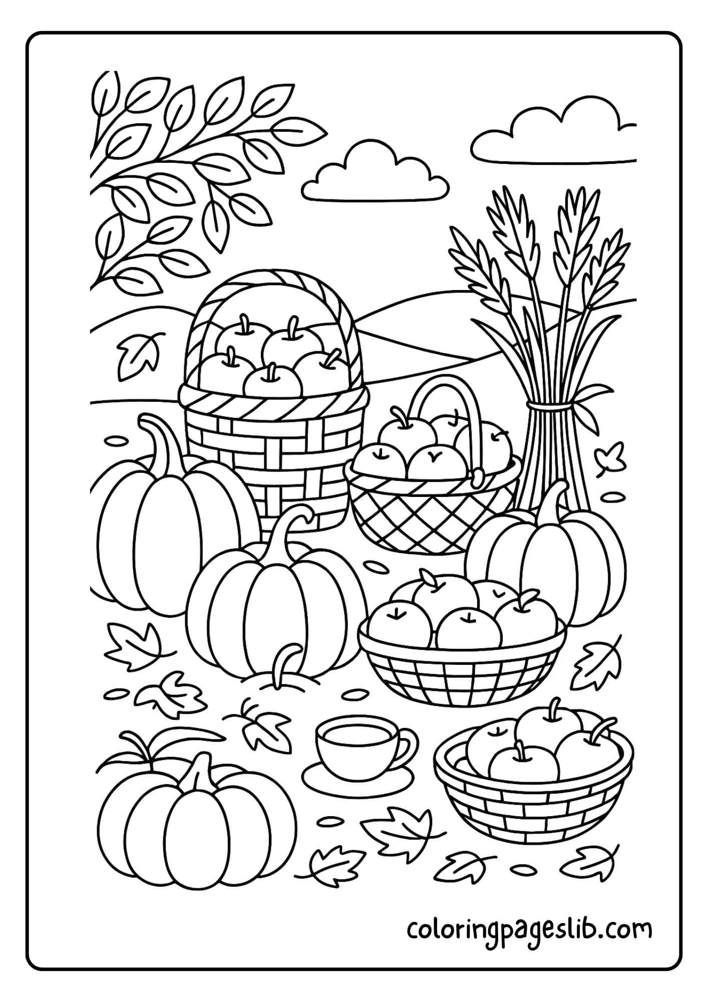 Autumn harvest scene with pumpkins, apples, and baskets