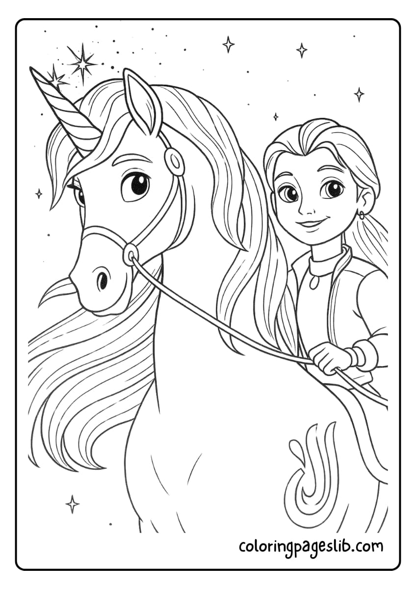 Ava and her unicorn Leaf from the Unicorn Academy series shine with confidence as they ride through a sparkling sky, ready for magical adventures