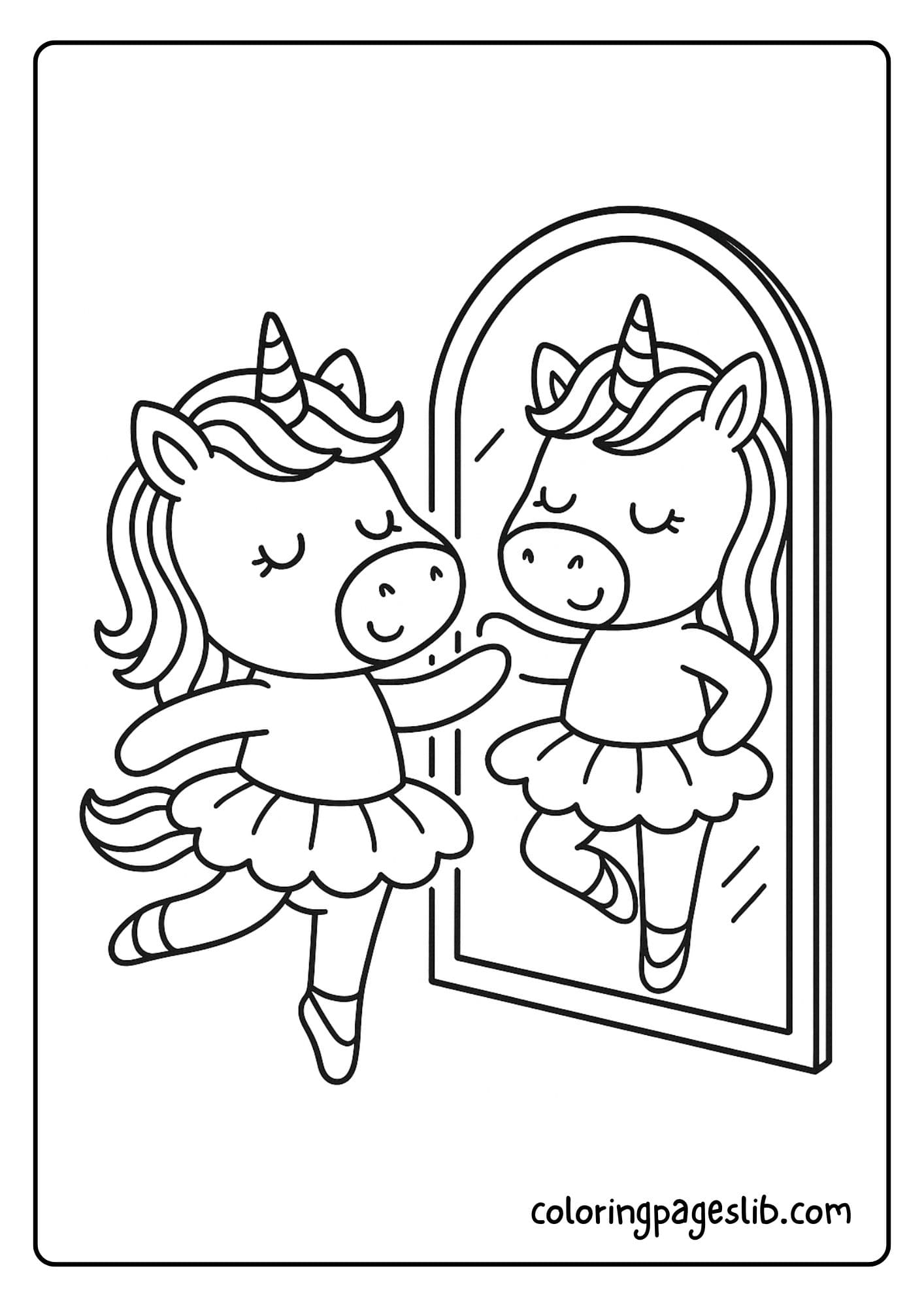 Baby ballerina unicorn practicing in front of a mirror