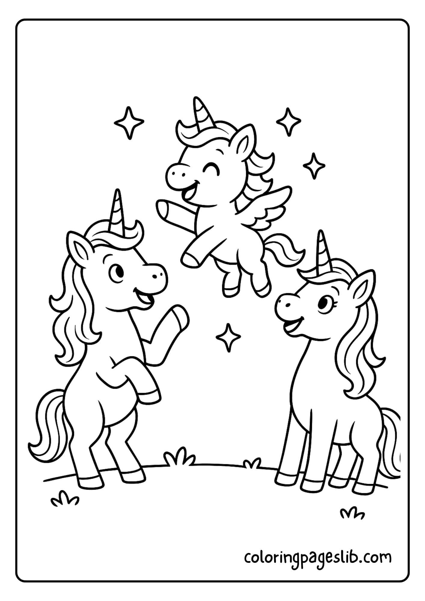 Baby unicorn learning to fly with parents cheering