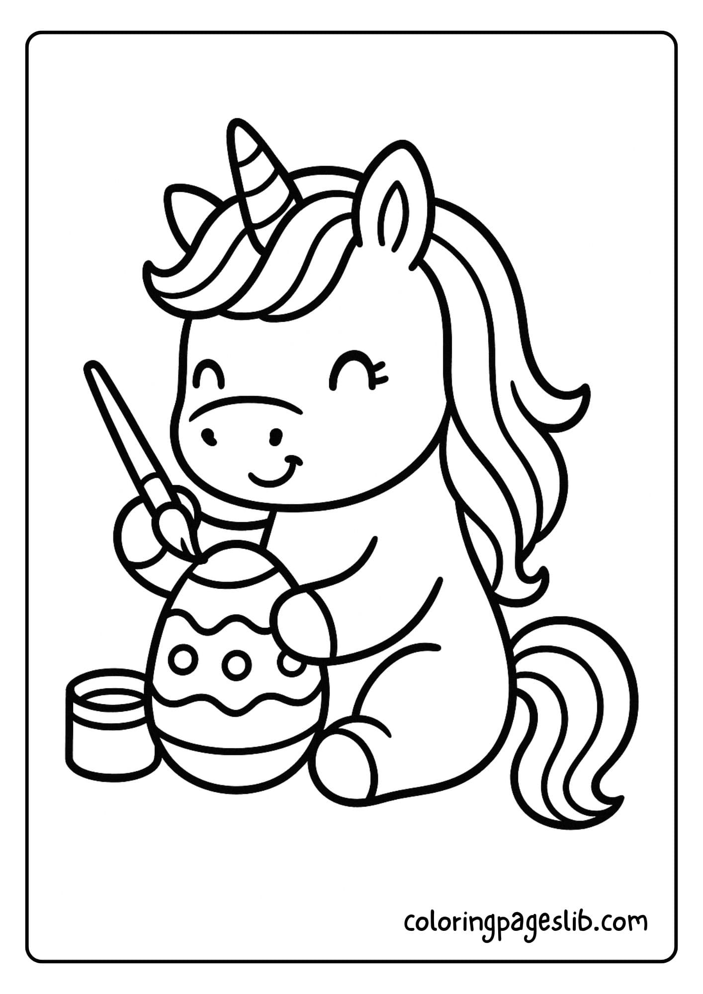 Baby unicorn painting an Easter egg