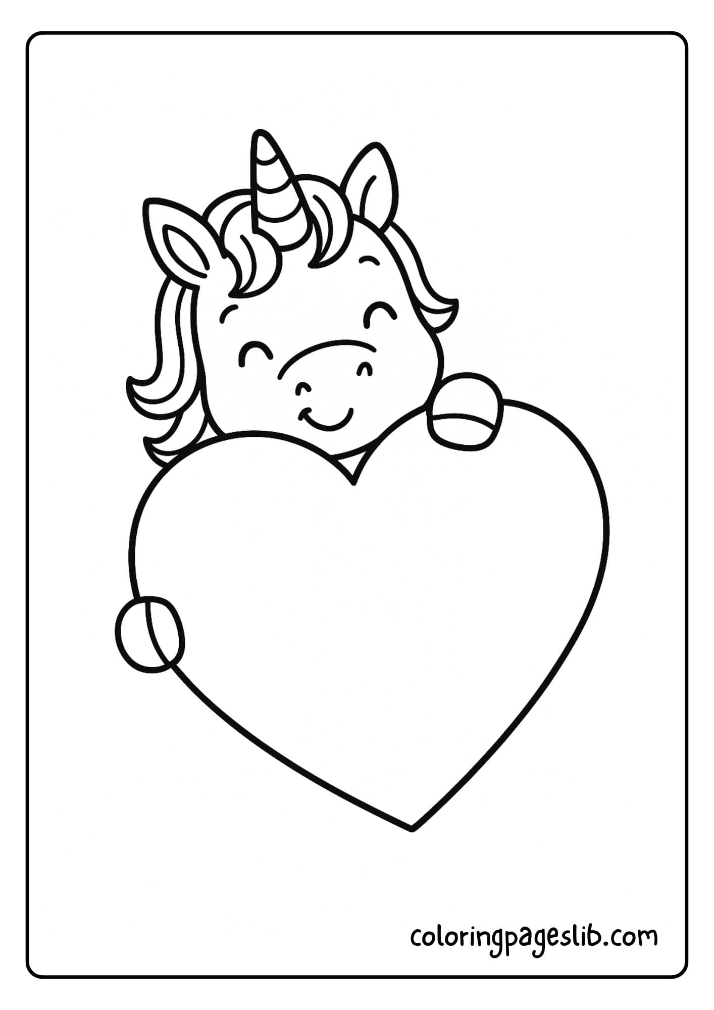 Baby unicorn peeking out from behind a giant heart
