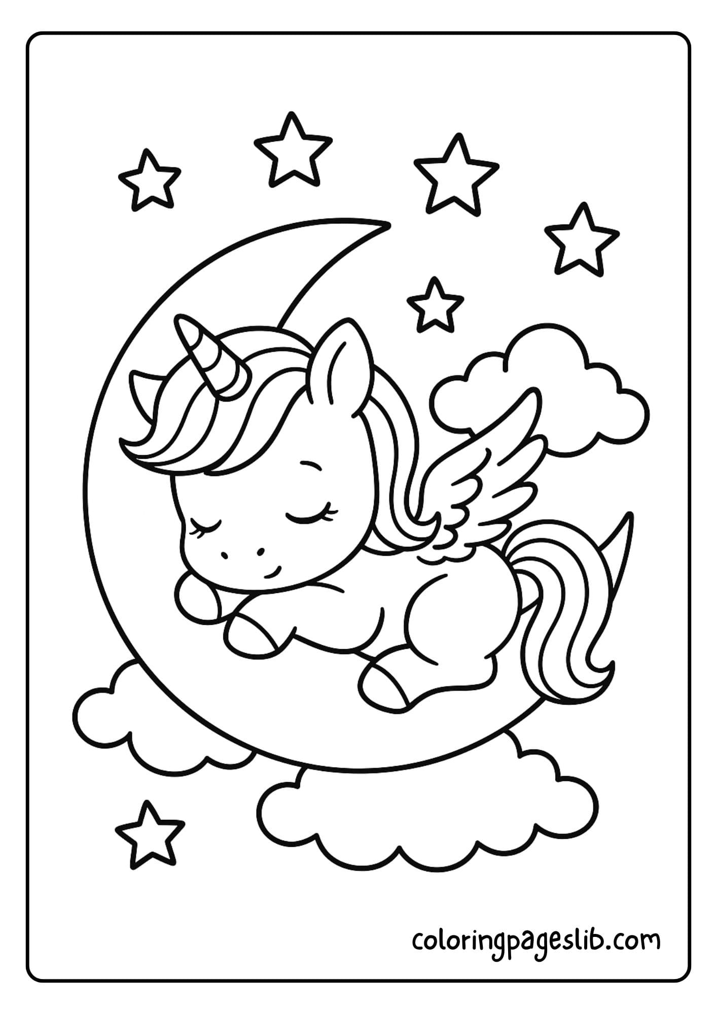 Baby winged unicorn sleeping on a crescent moon