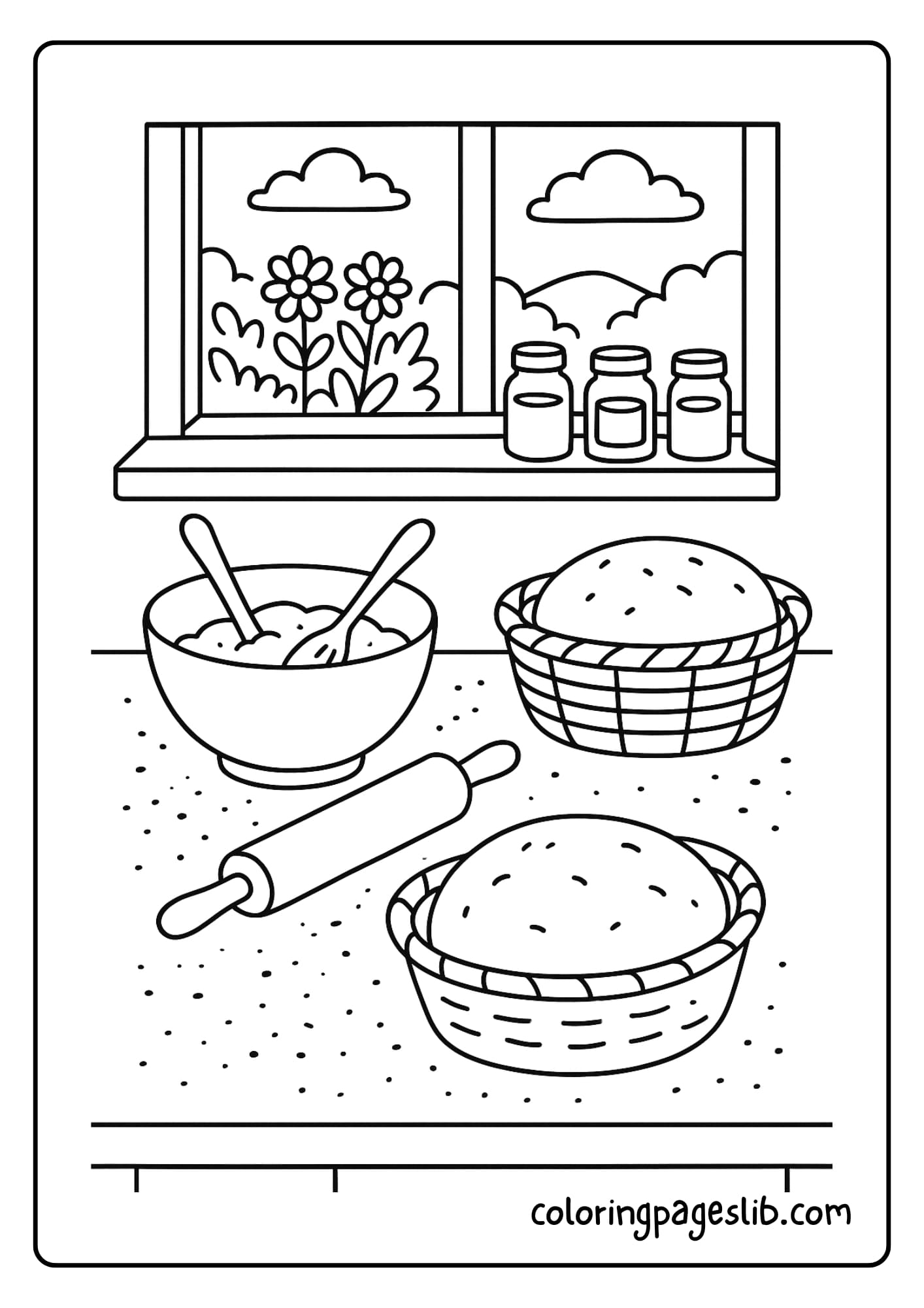 Baking Bread at Home A flour‑dusted countertop with a mixing bowl, rolling pin, rising dough in a basket, and spice jars lined up on a windowsill overlooking a garden.