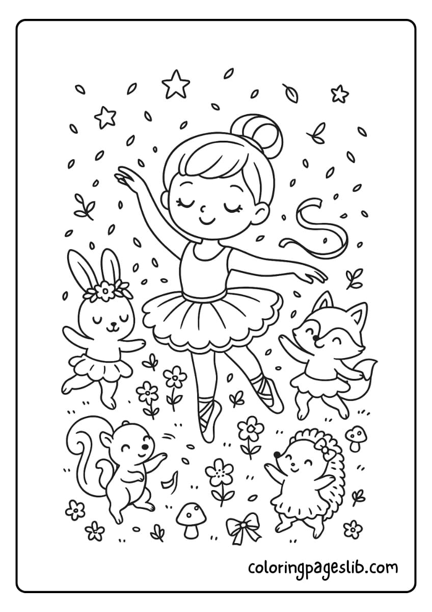 Ballerina dancing with a group of woodland animal friends
