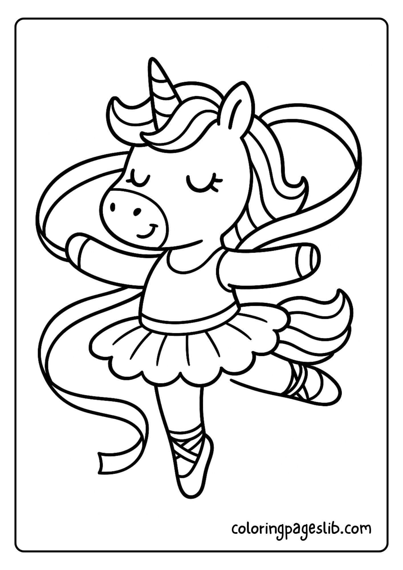 Ballerina unicorn doing a twirl with a ribbon flowing
