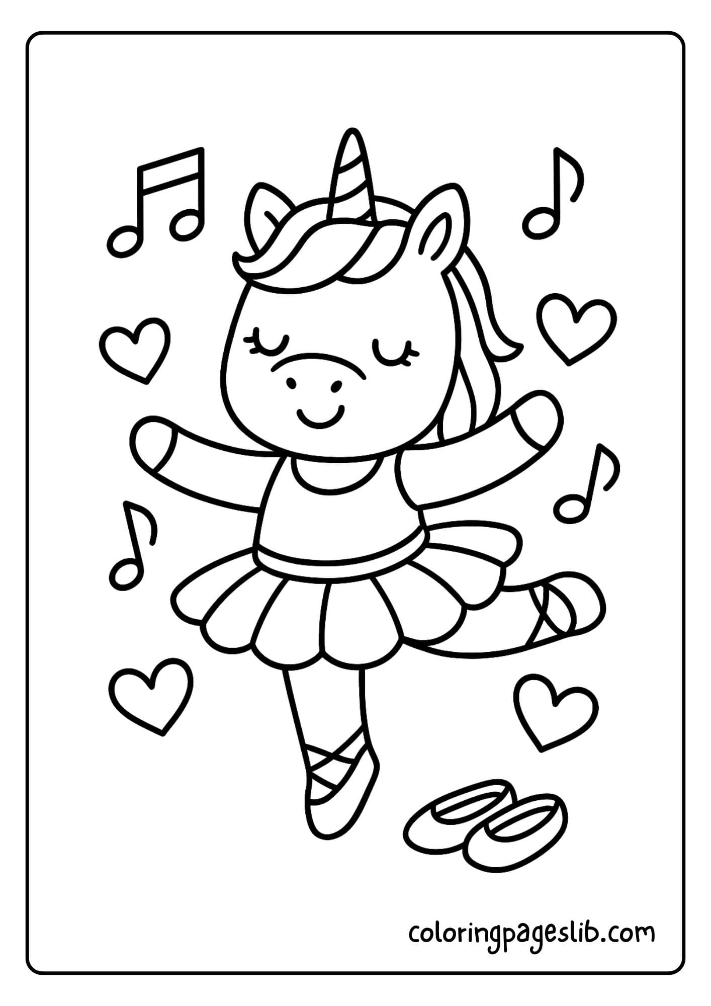 Ballerina unicorn surrounded by music notes and hearts