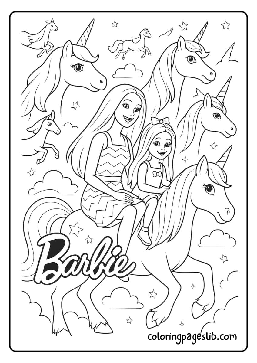 Barbie and a young girl riding a magical Barbie unicorn through the sky, surrounded by other flying unicorns