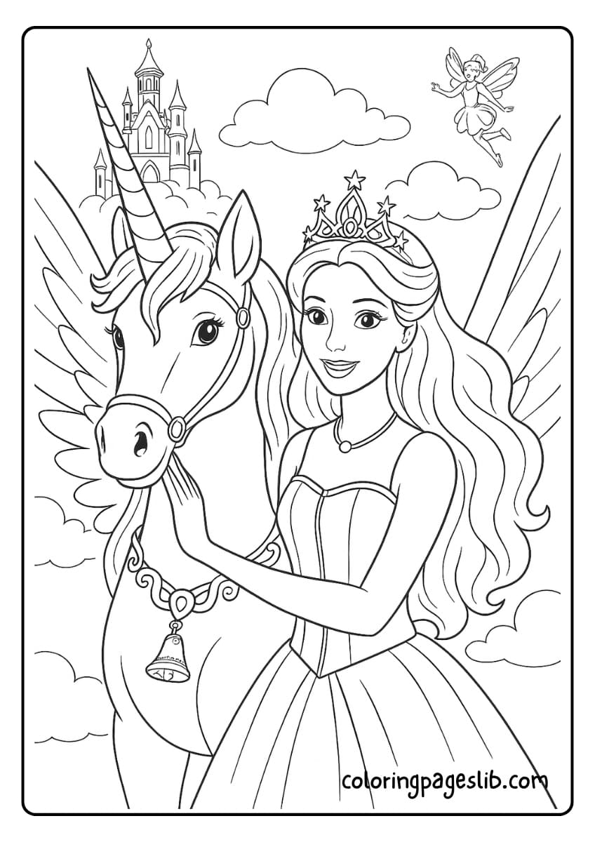 Barbie gently hugging her unicorn with wings, surrounded by clouds and a magical fairy castle