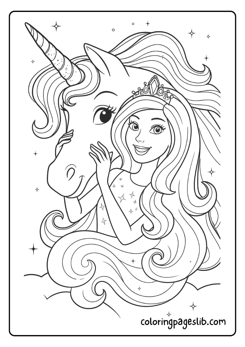 Barbie gently hugs her unicorn, their flowing hair and happy smiles shining in this magical coloring page