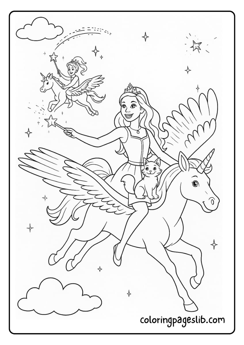 Barbie rides a flying unicorn through the starry sky, while another Barbie follows on a smaller unicorn with a sparkling wand