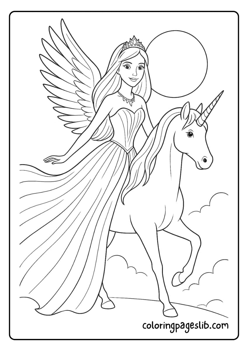 Barbie riding a graceful unicorn through the clouds, with Barbie’s wings and flowing gown adding magical charm