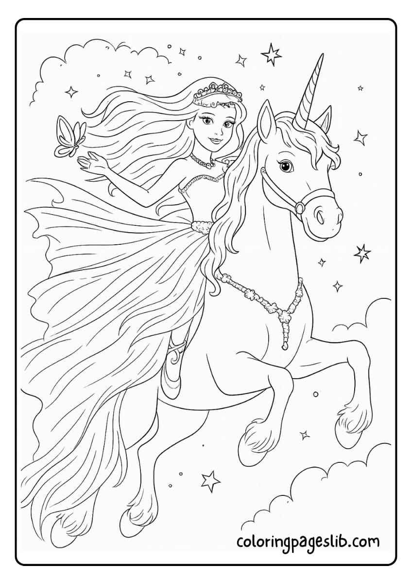 Barbie riding a majestic unicorn through the sky, with her dress and hair flowing in the wind