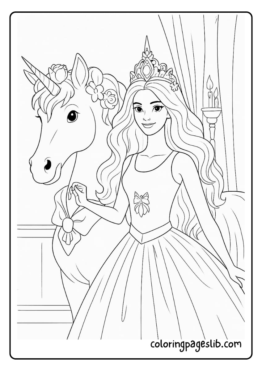 Barbie standing beside her elegant unicorn in a royal setting, both looking graceful and magical