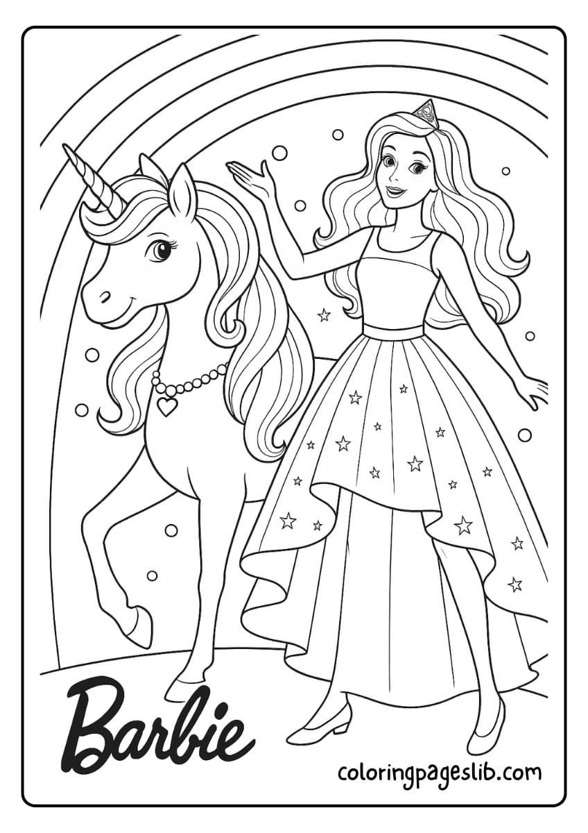 Barbie stands beside a magical unicorn under a rainbow, in this charming Barbie Unicorn coloring page