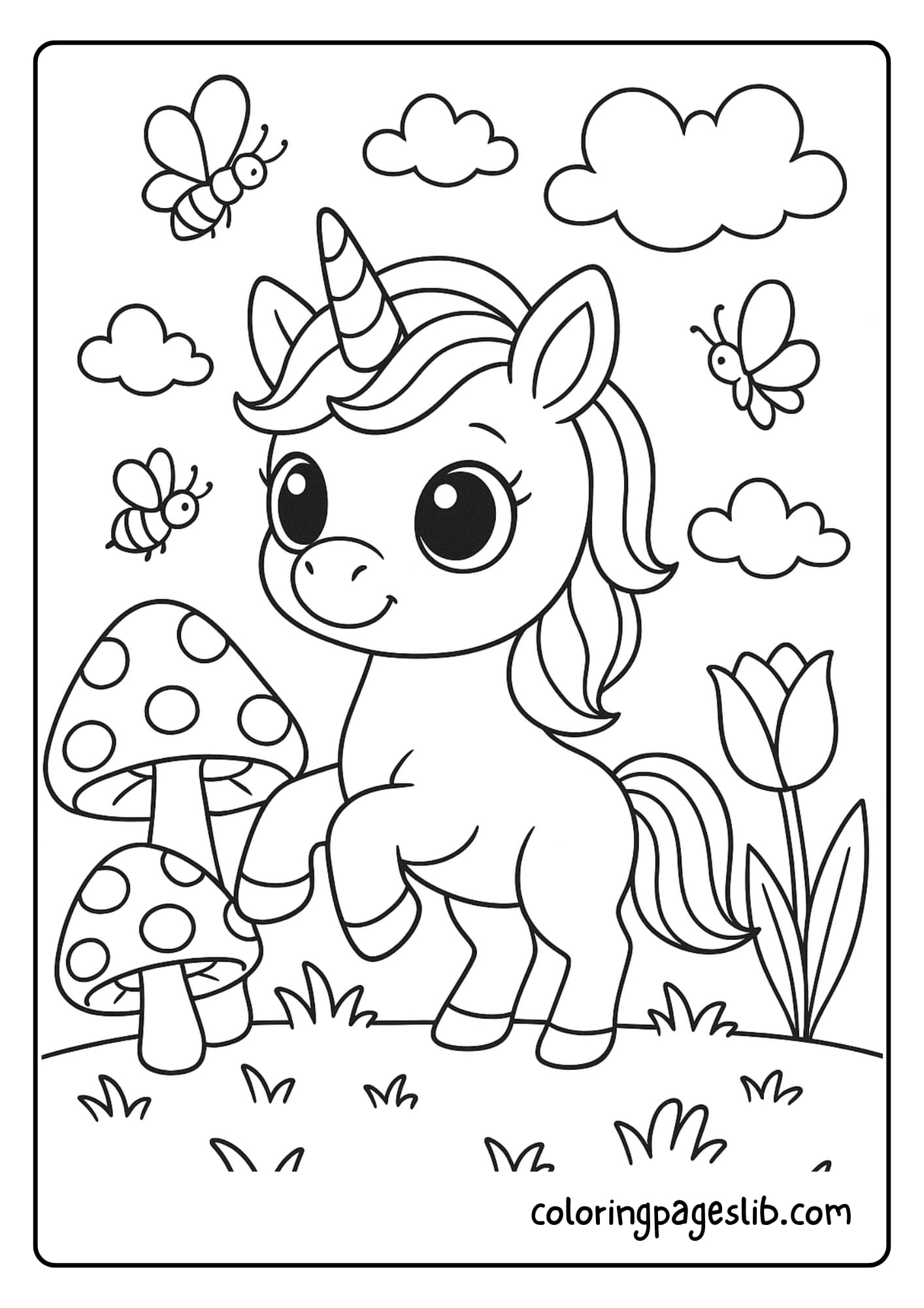 Big-Eyed Baby Unicorn Coloring Pages in a Magical Garden