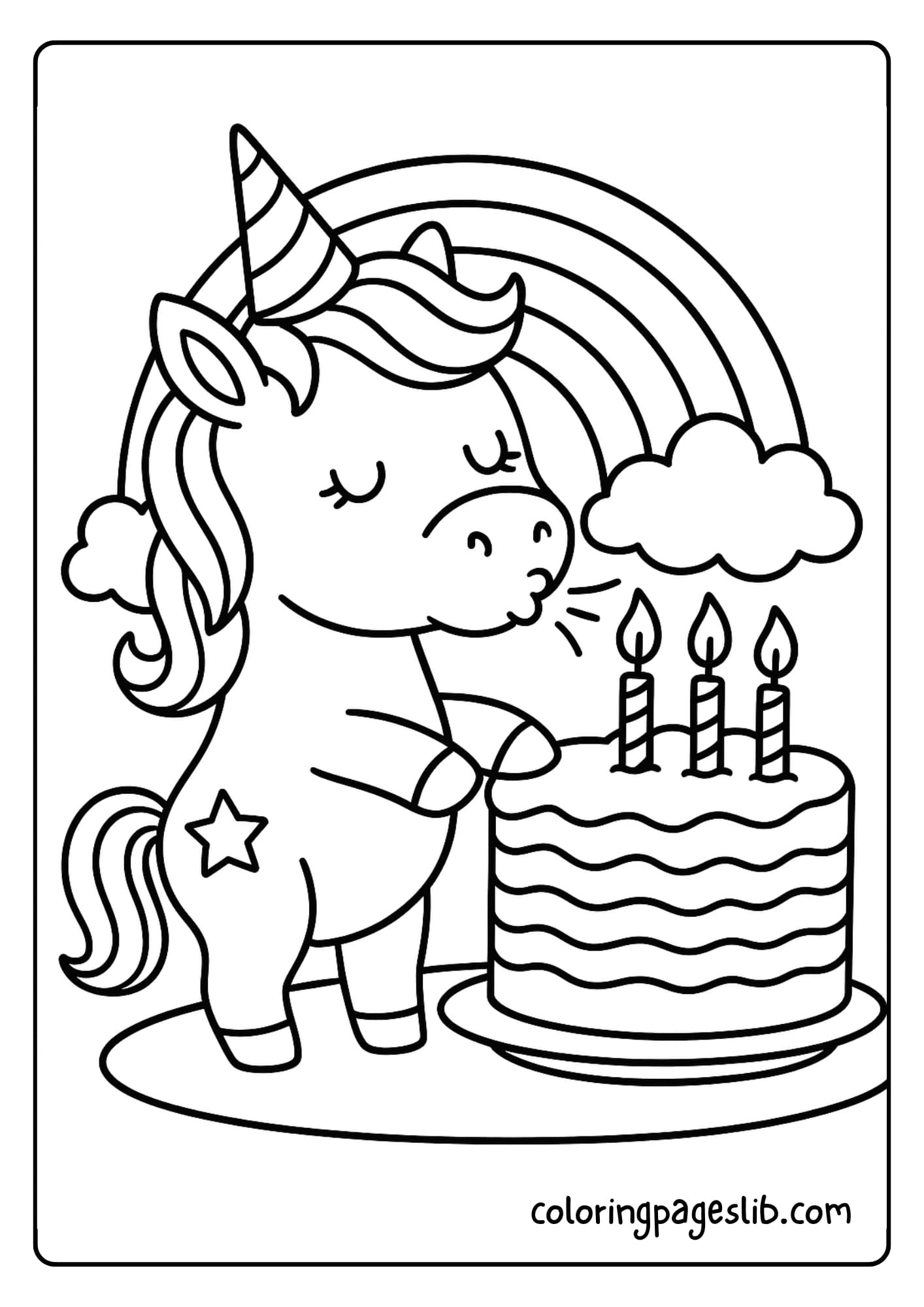 Birthday Rainbow Unicorn Coloring Pages – Blowing Candles on a Rainbow Cake