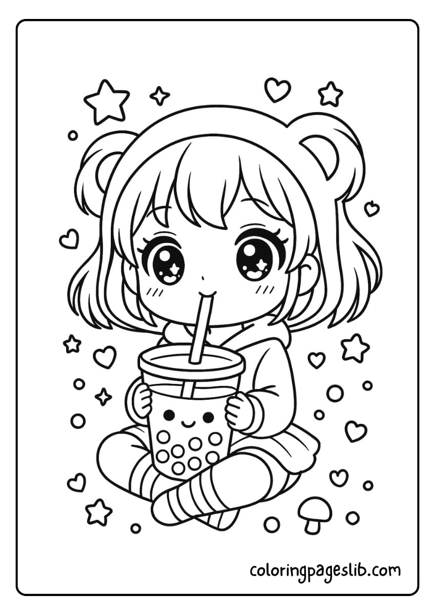 Boba Bliss – Chibi Girl Drinking Boba Coloring Page Boba Bliss – Chibi Girl Drinking Boba Coloring Page