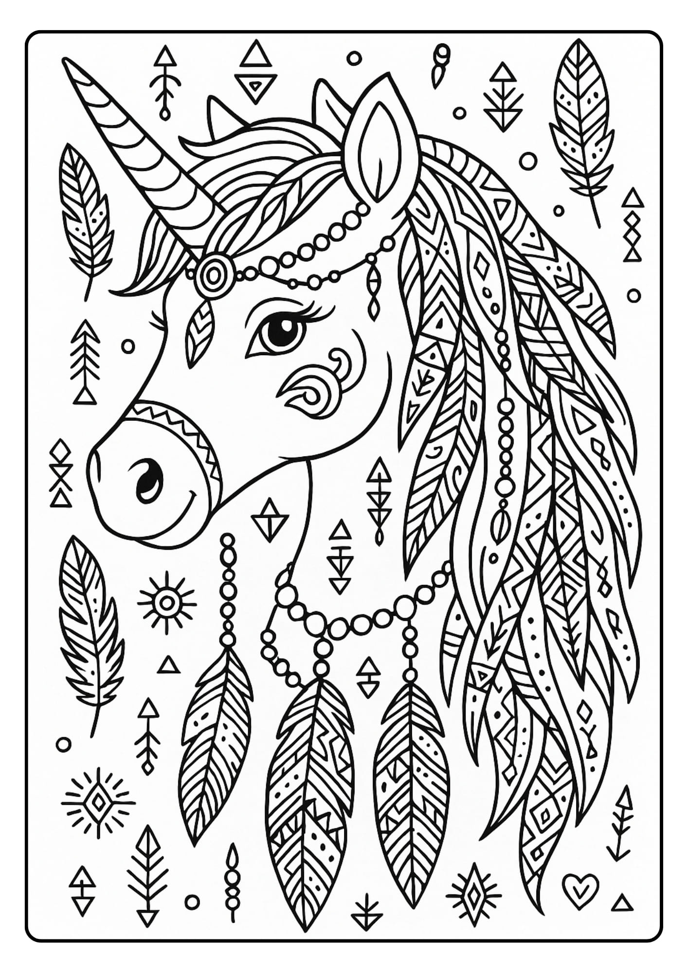 Bohemian Dream Adult Unicorn Coloring Pages – Feathers, Jewels, and Tribal Patterns