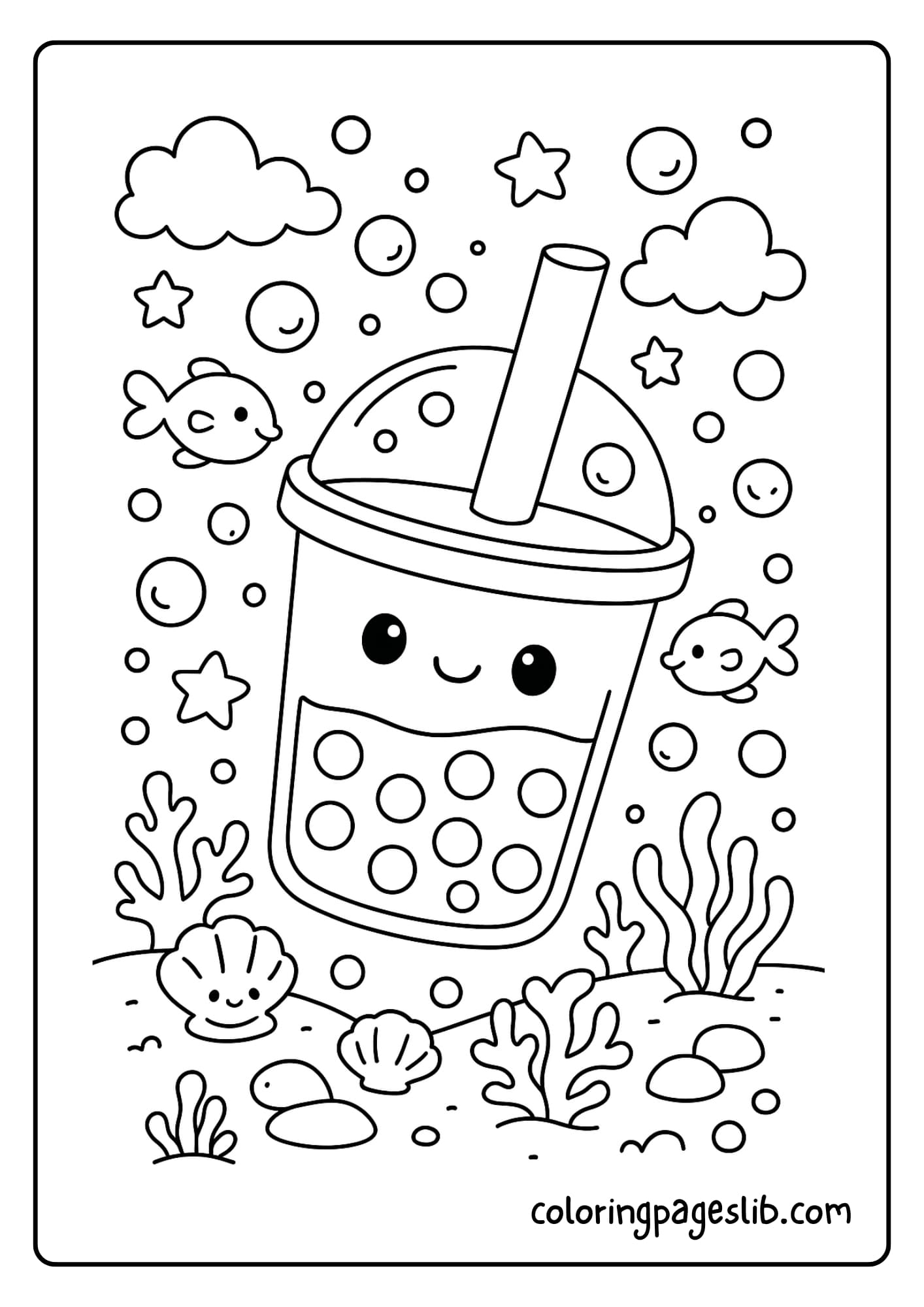 Bubble tea in an underwater scene with fish and bubbles