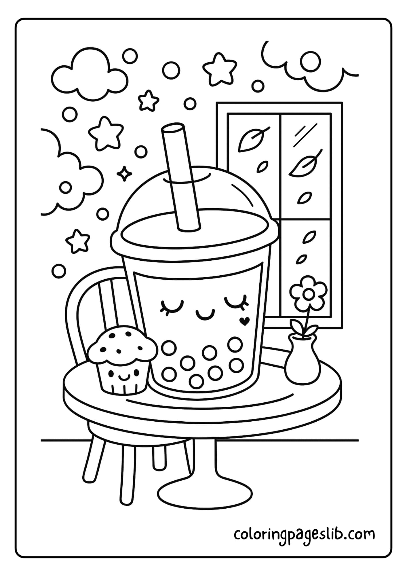 Bubble tea sitting at a cozy café table with a muffin and a tiny flower vas