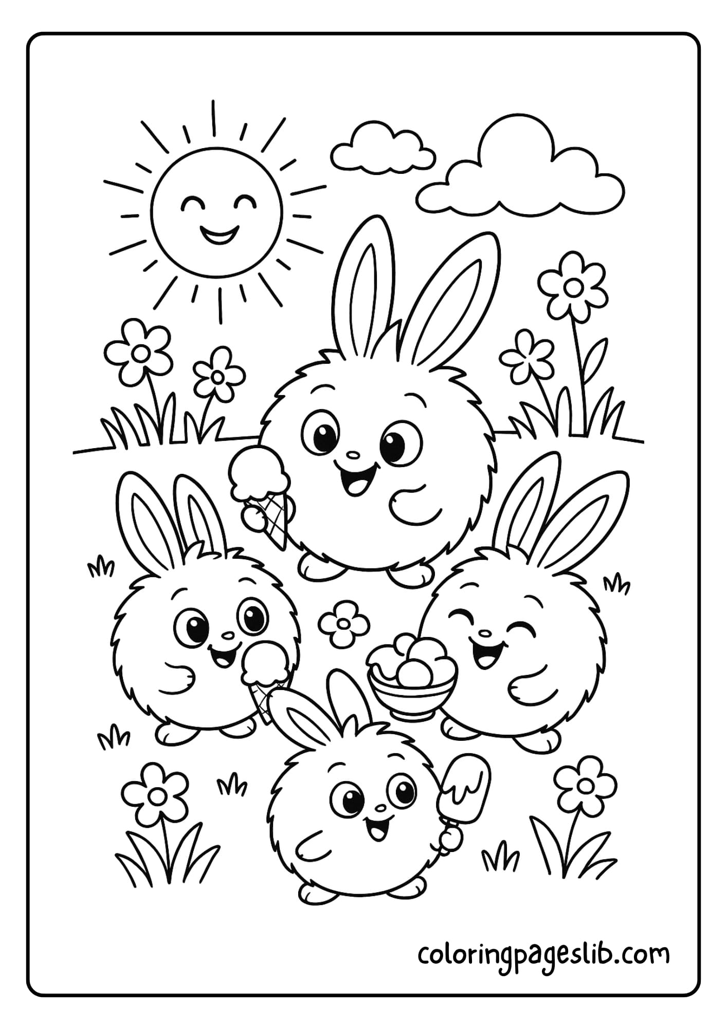 Bunnies having a Ice cream party on a sunny day