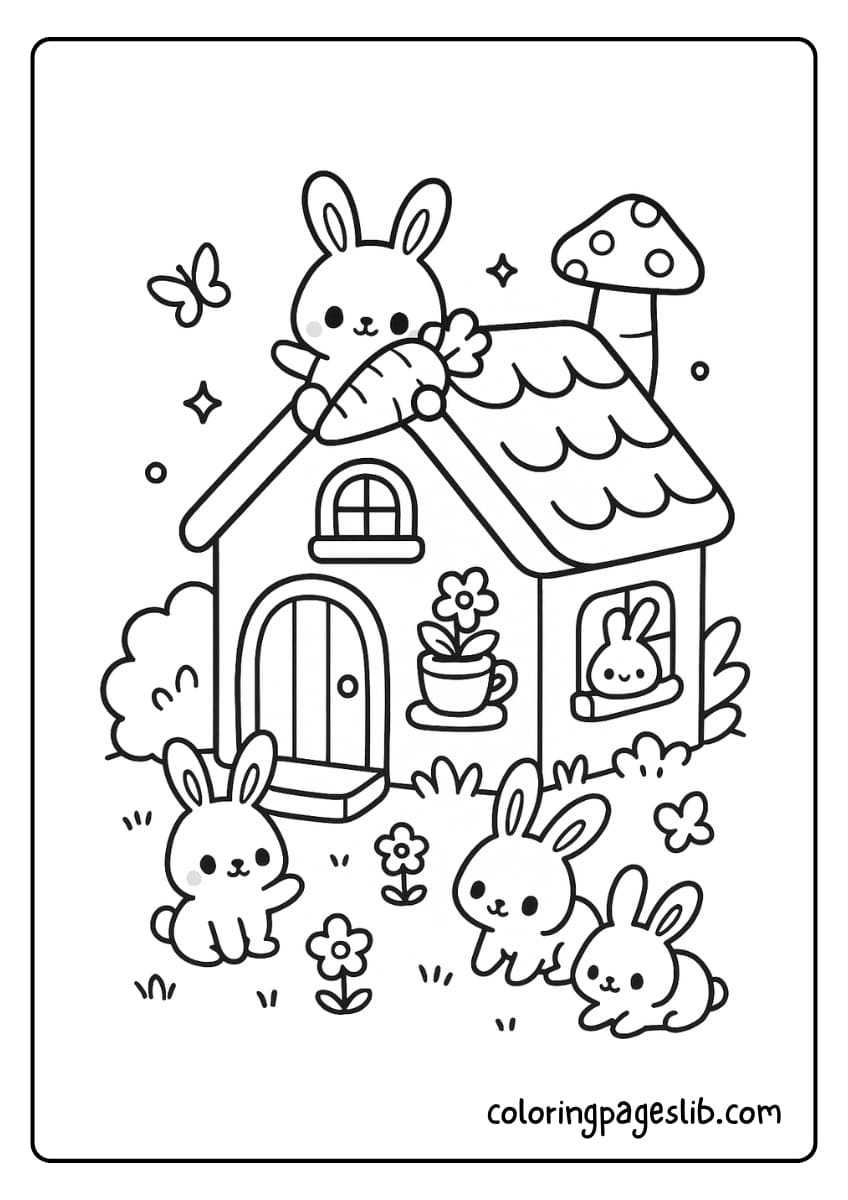 Bunny Burrow – Chibi House with Bunnies Coloring Page