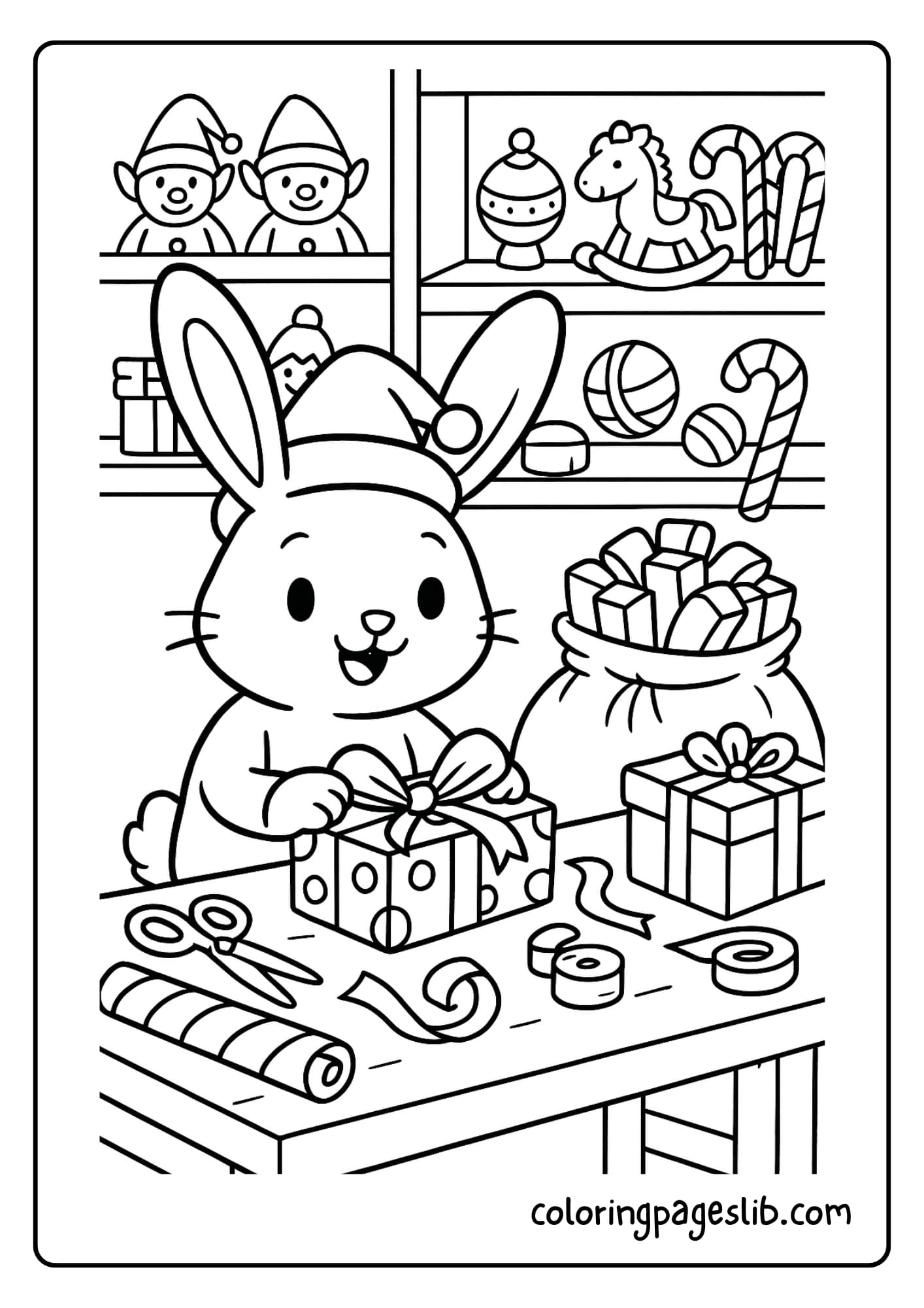 Bunny Wrapping Presents in Santa’s Workshop