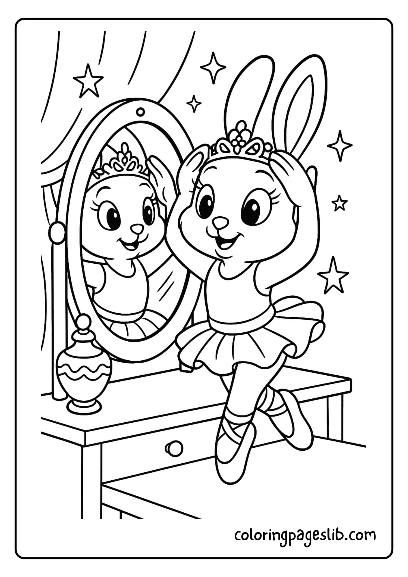 Bunny adjusting tiara in a dressing room mirror