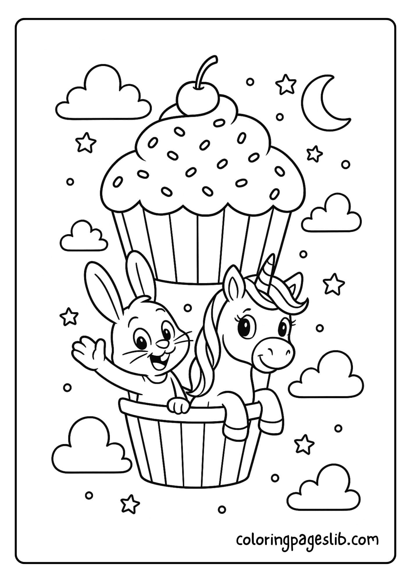 Bunny and unicorn flying in a hot air balloon shaped like a cupcake