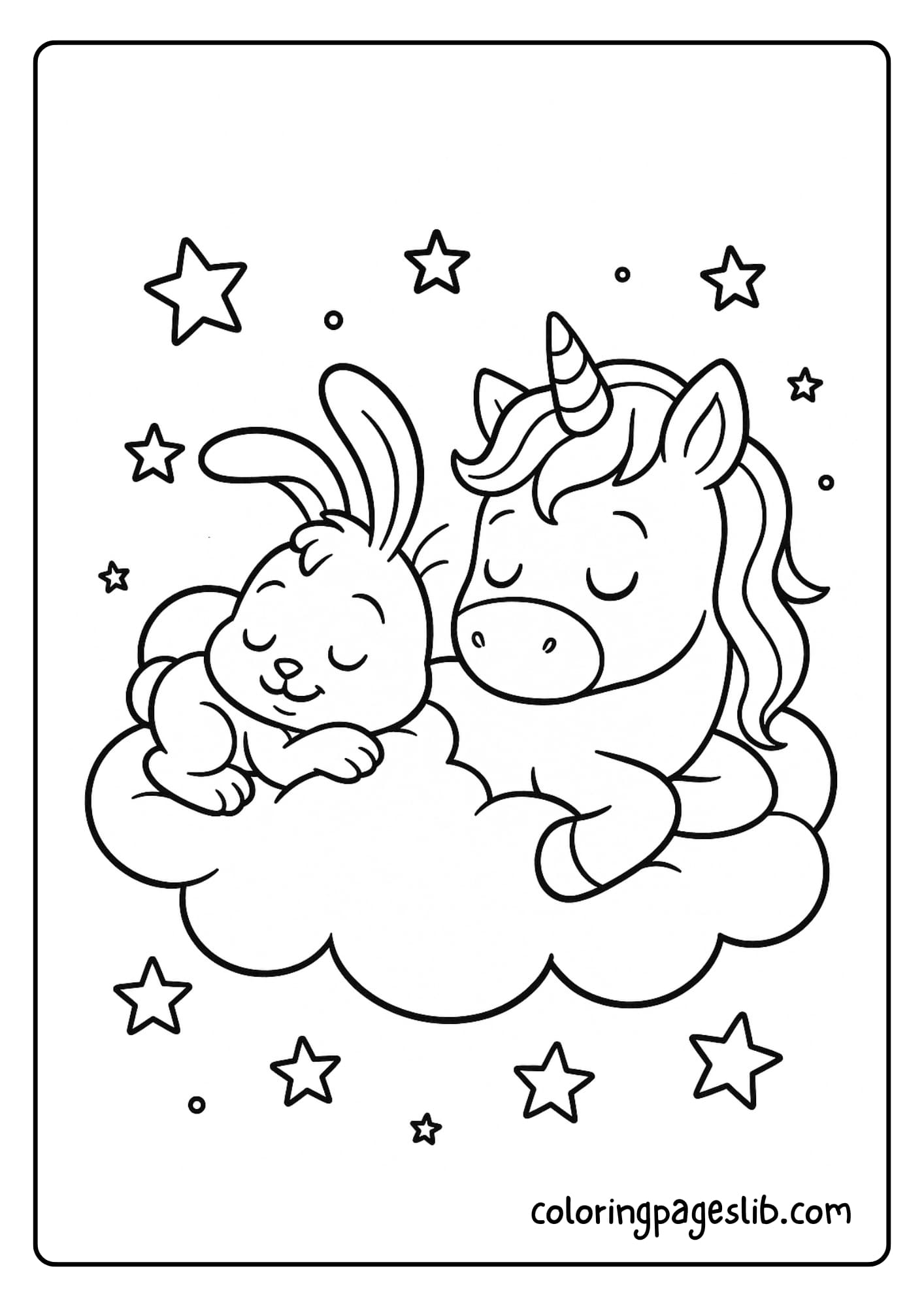 Bunny and unicorn sleeping on a fluffy cloud with stars around them