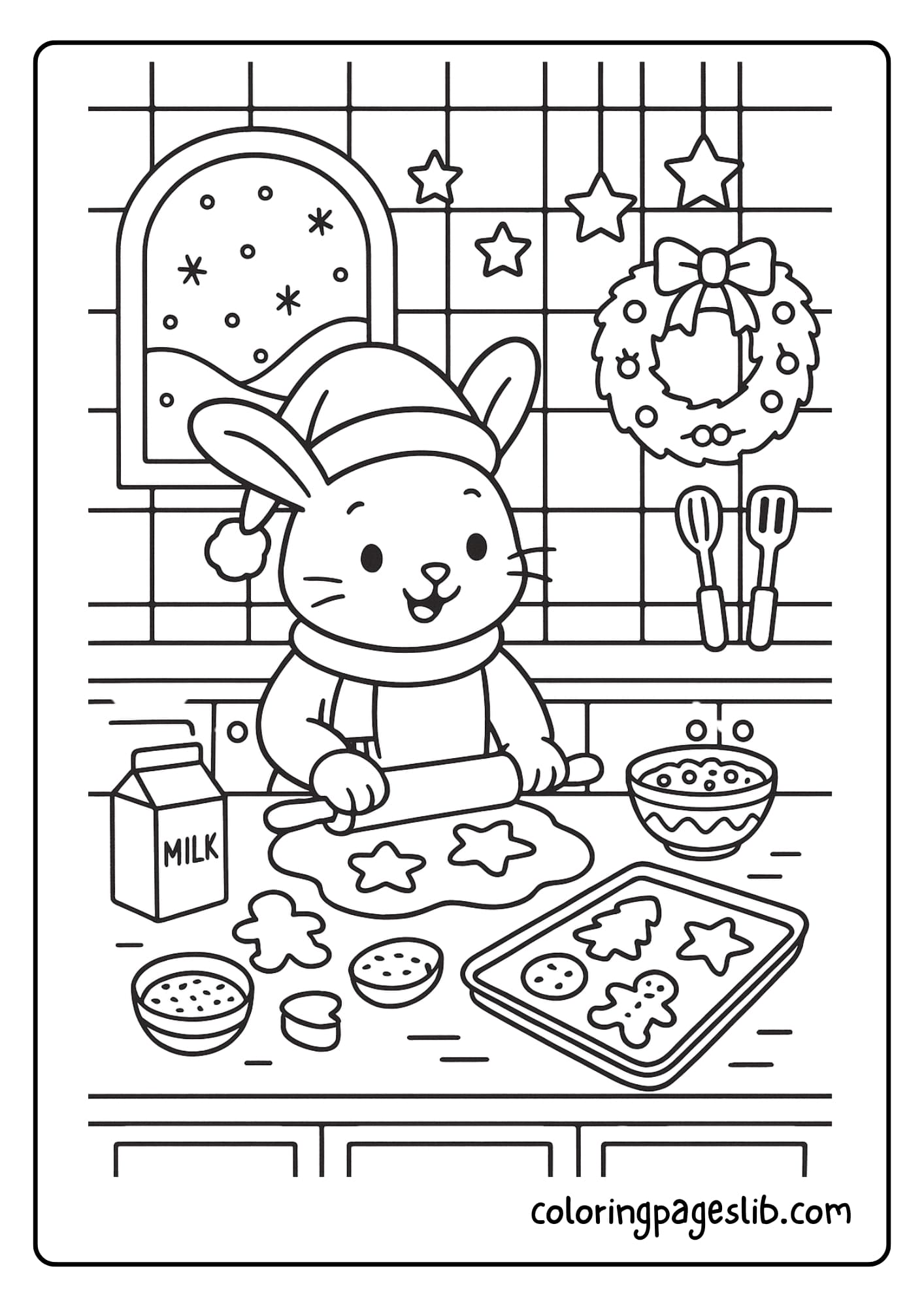 Bunny baking Christmas cookies in a cozy kitchen