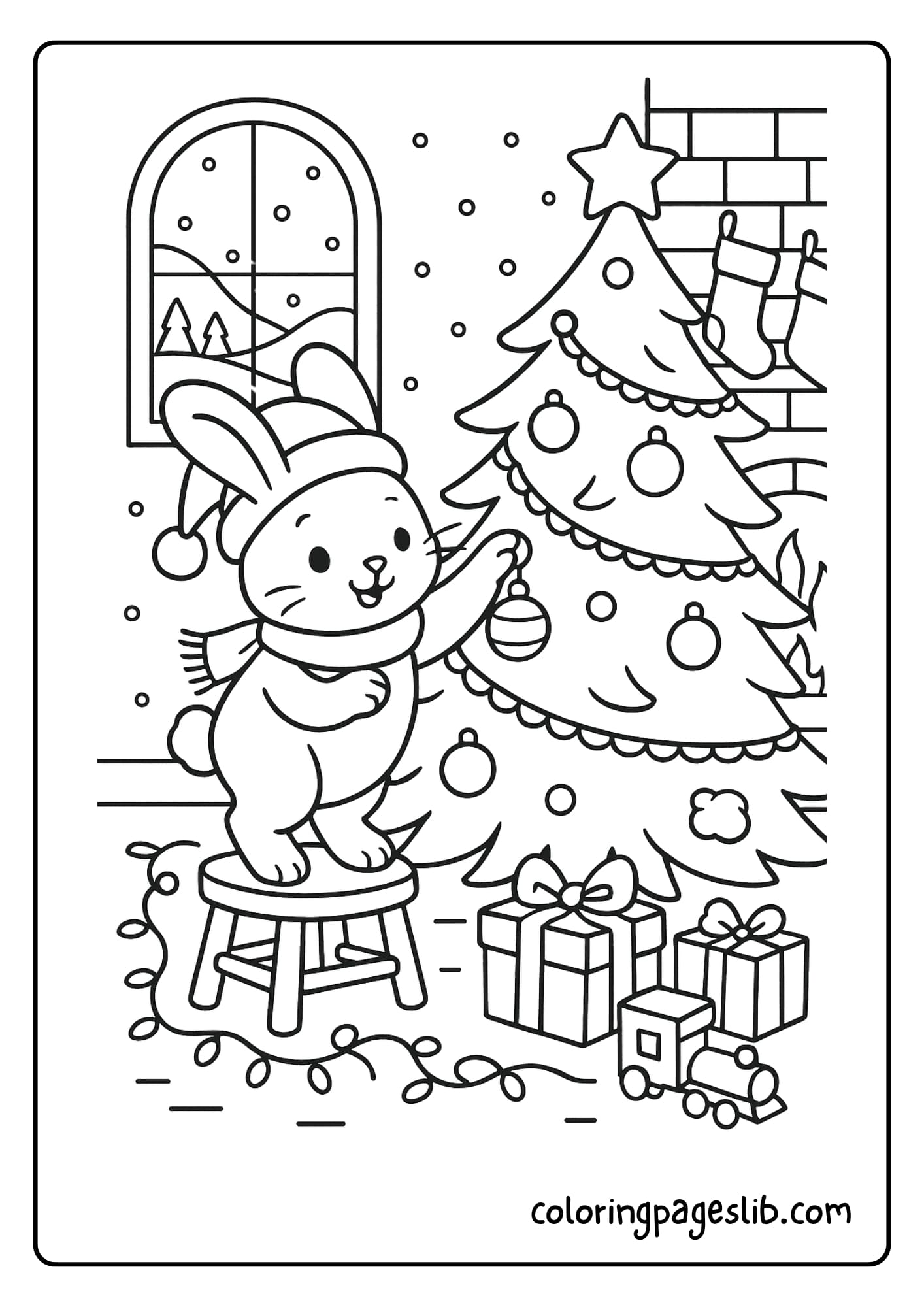 Bunny decorating a Christmas tree