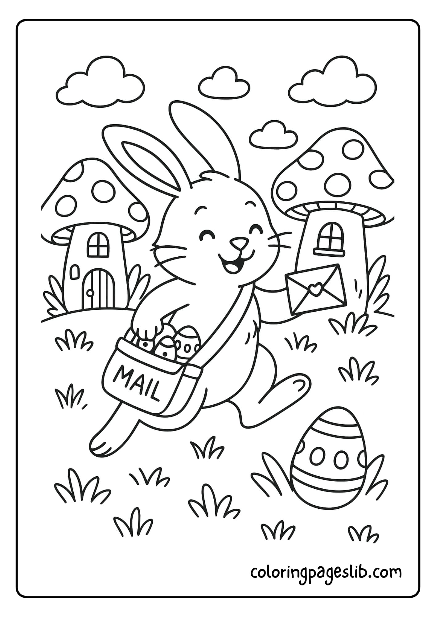 Bunny delivering Easter letters and small eggs in a satchel, hopping between mushroom houses