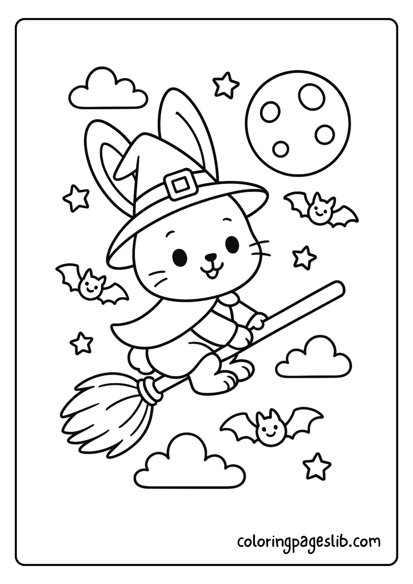 Bunny dressed as a tiny witch flying on a broomstick under the moon