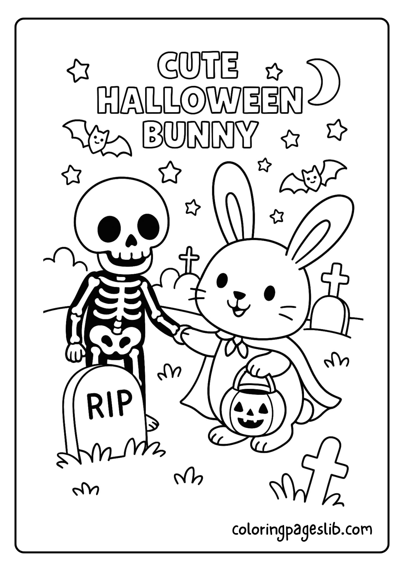 Bunny meeting a kind skeleton friend in a graveyard