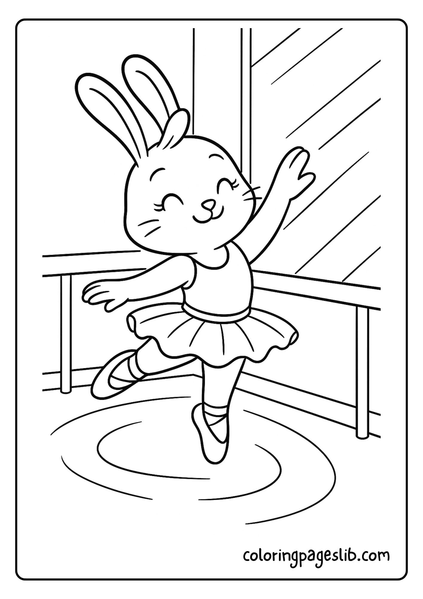 Bunny practicing in a ballet studio with mirrors and a barre