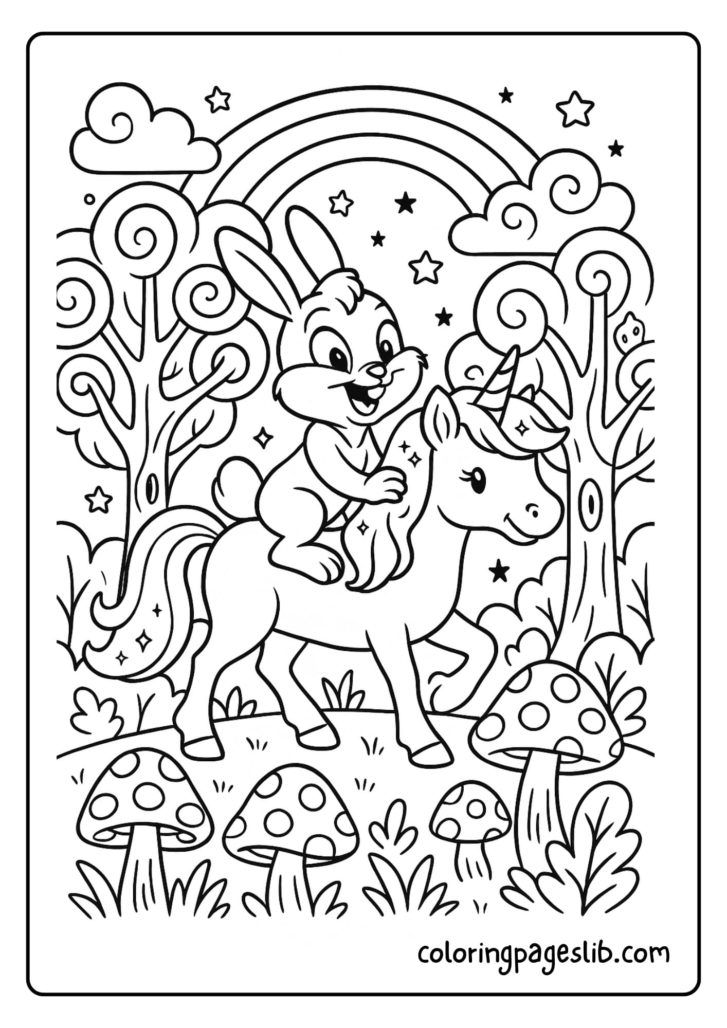 Bunny riding on the unicorn through a rainbow forest
