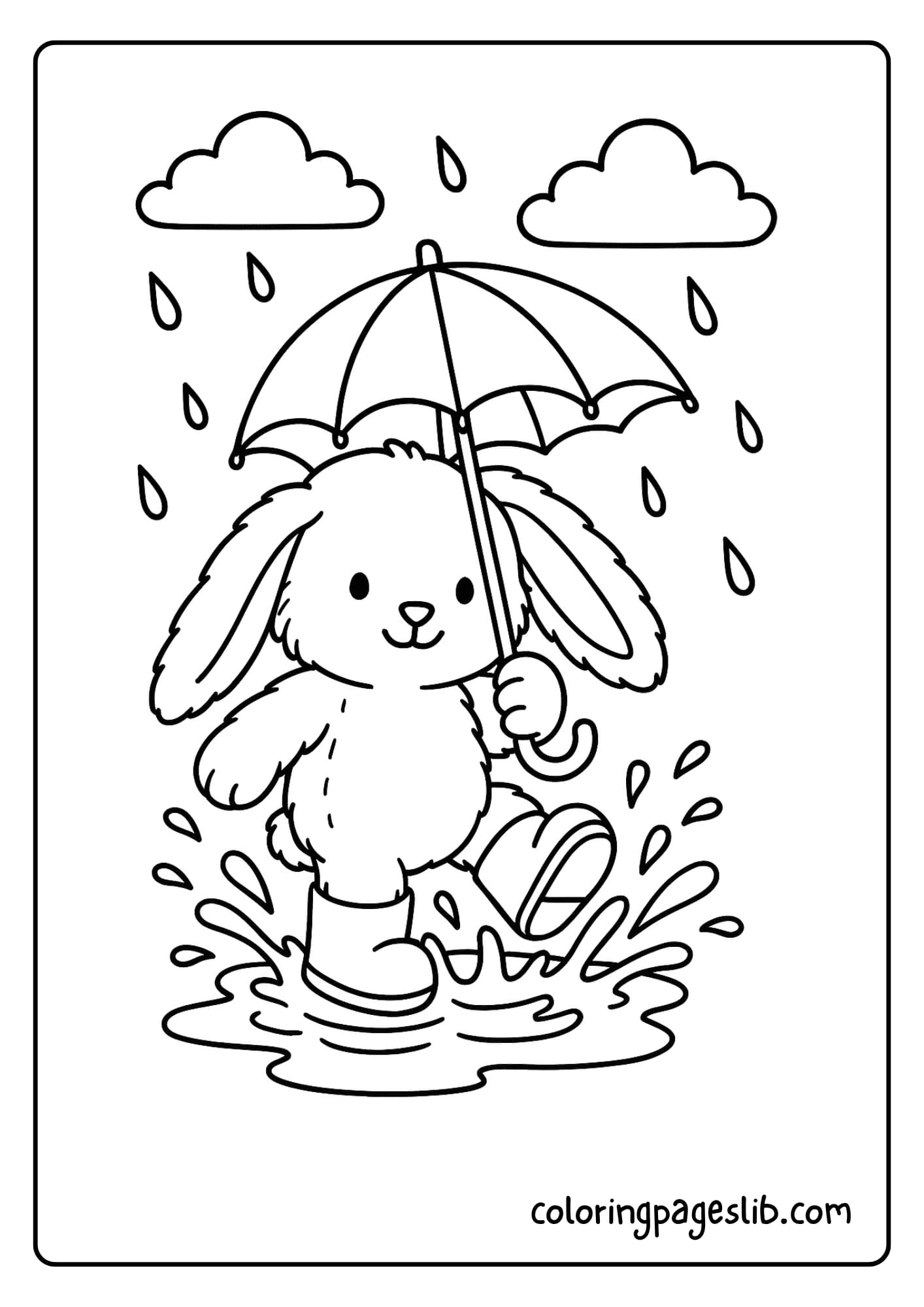 Bunny splashing in puddles with rain boots and umbrella