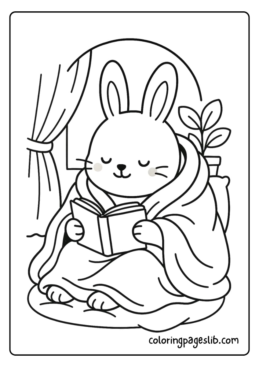 Bunny wrapped in a blanket reading a book