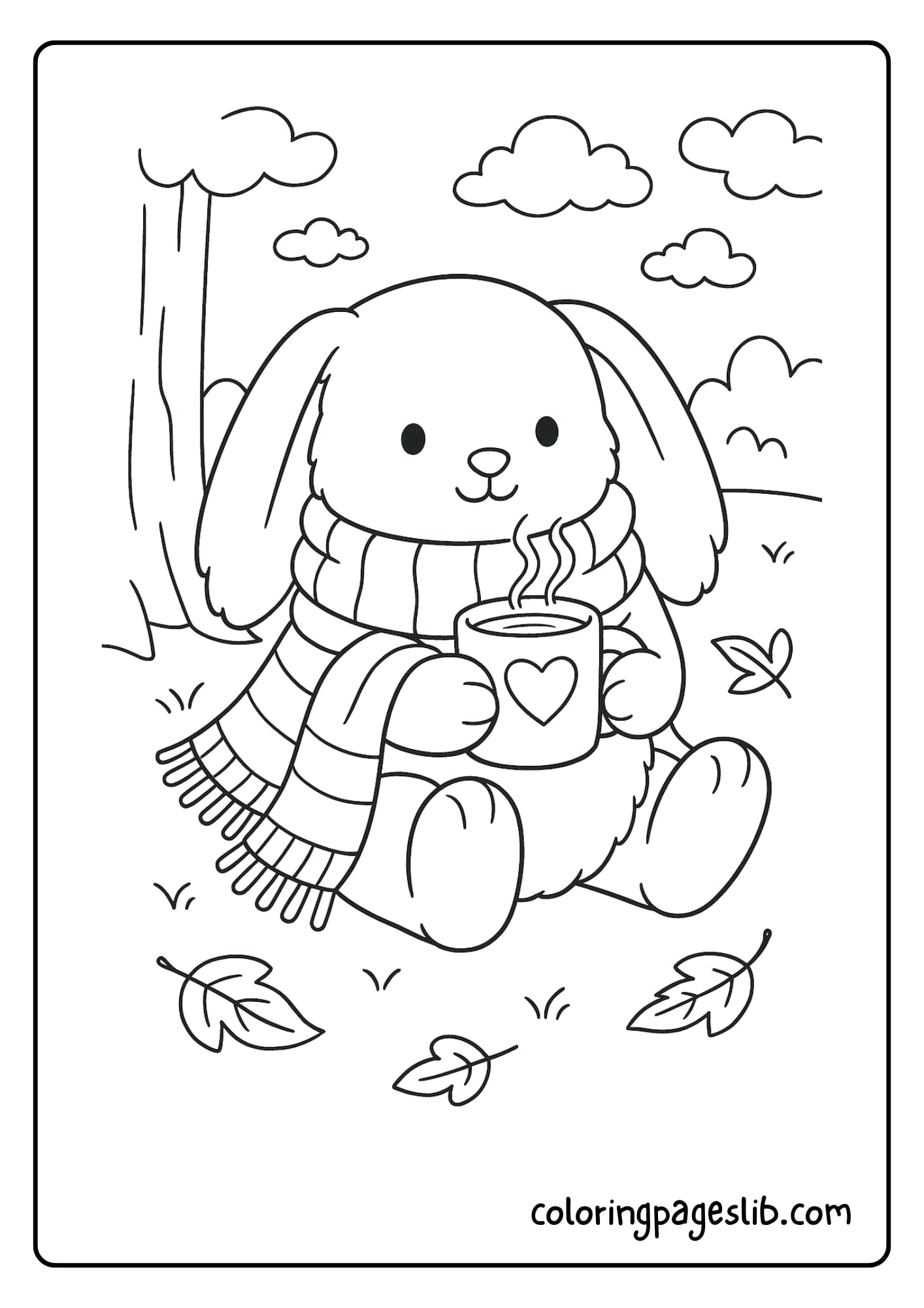 Bunny wrapped in a cozy scarf sipping hot cocoa