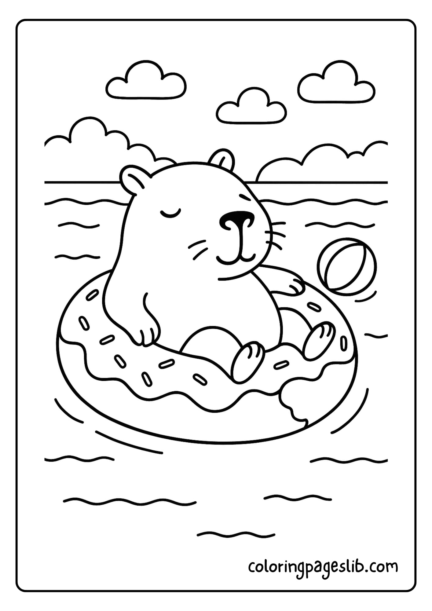 Capybara floating on a pool donut