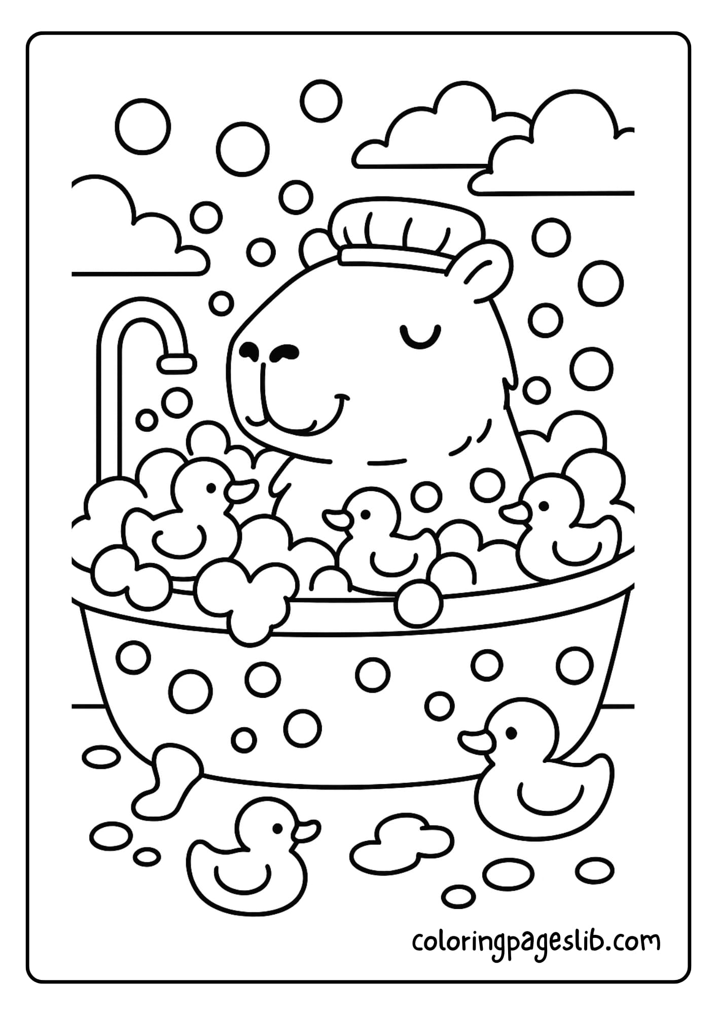 Capybara in a bubble bath with rubber ducks