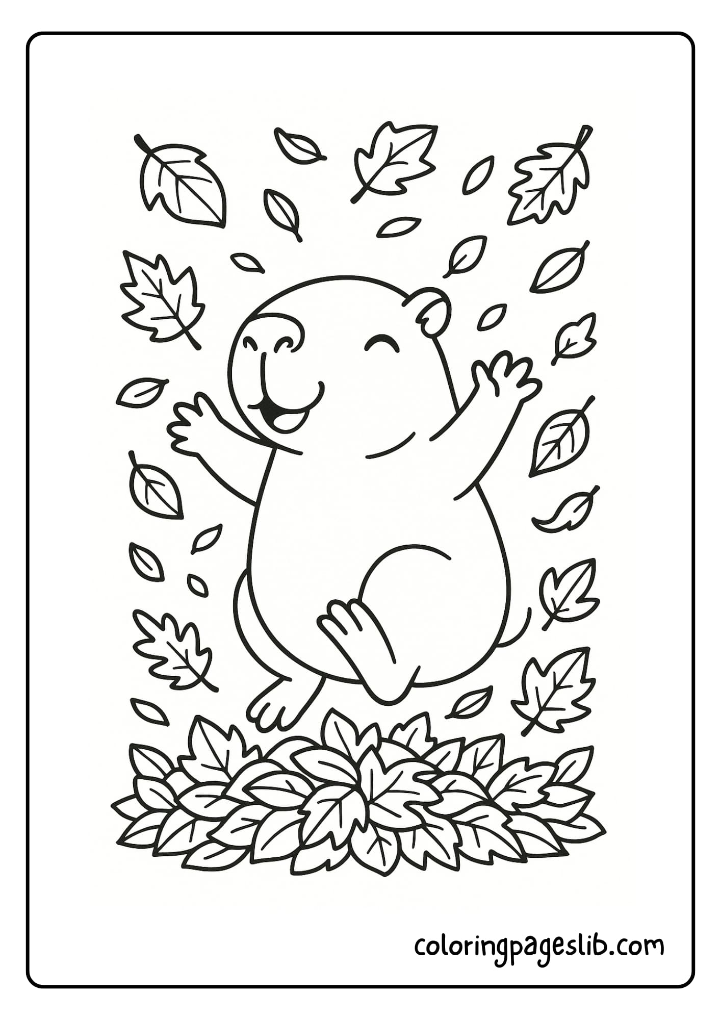 Capybara playing in autumn leaves
