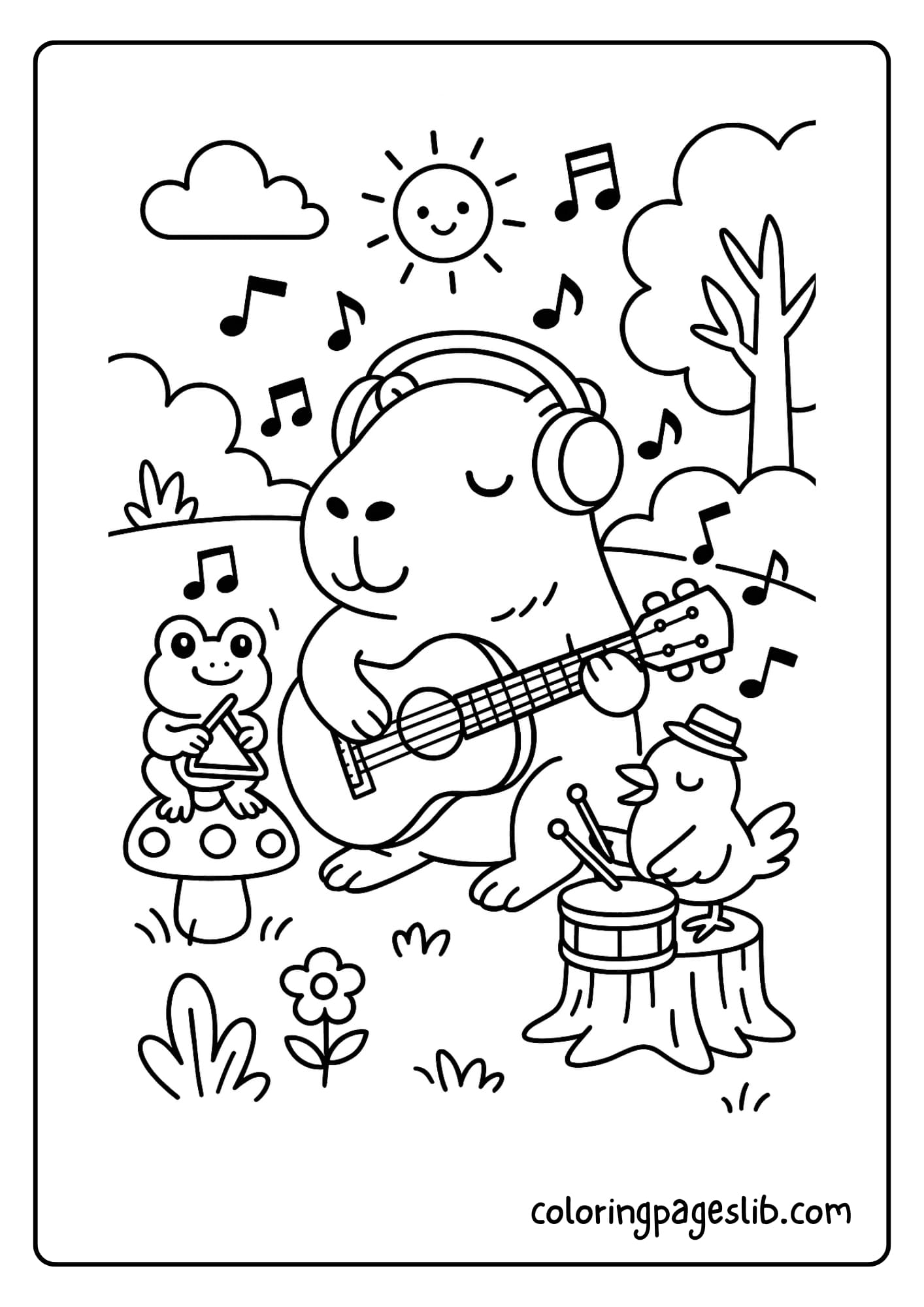 Capybara playing music with animal friends