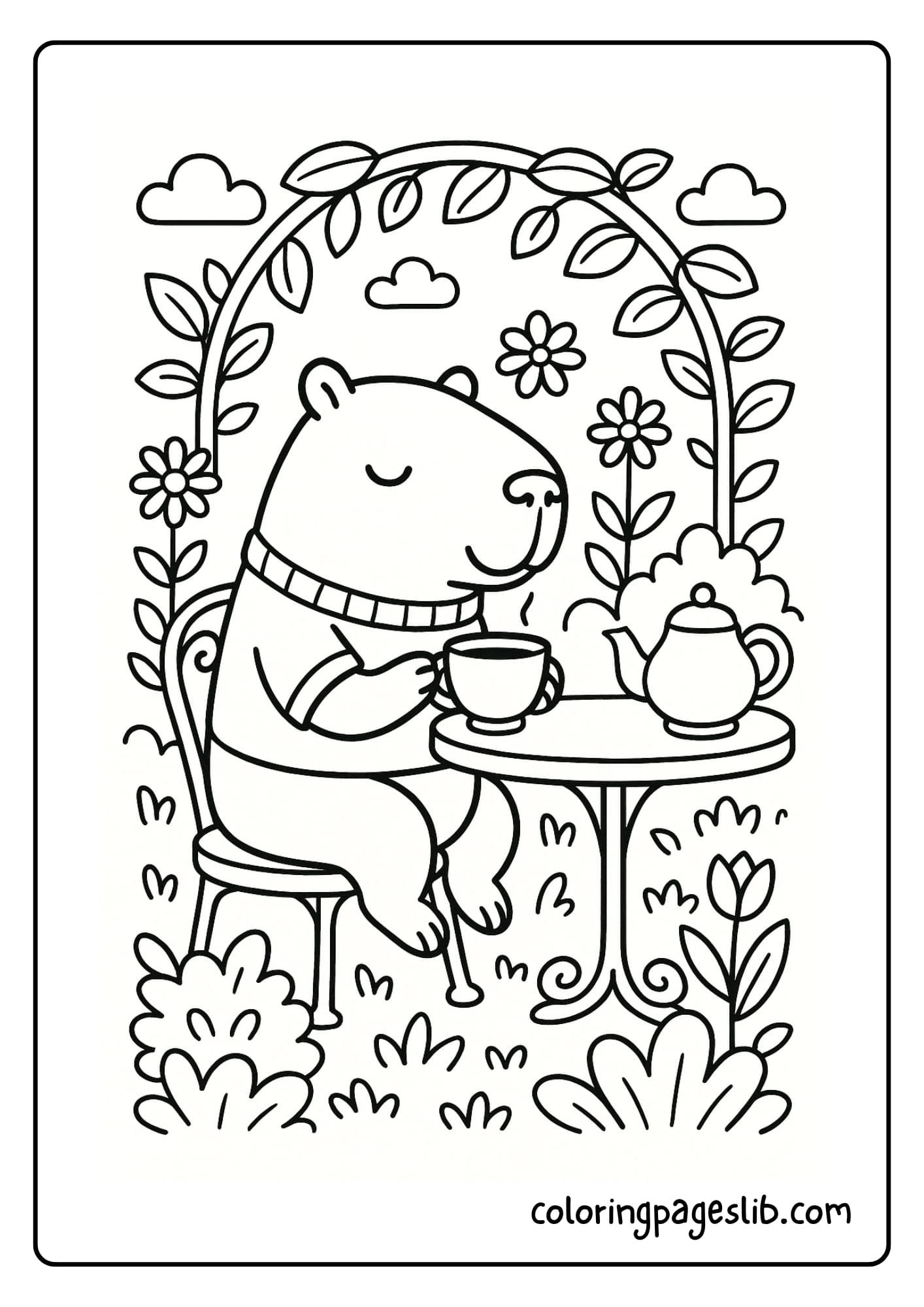 Capybara sipping tea in a cozy garden