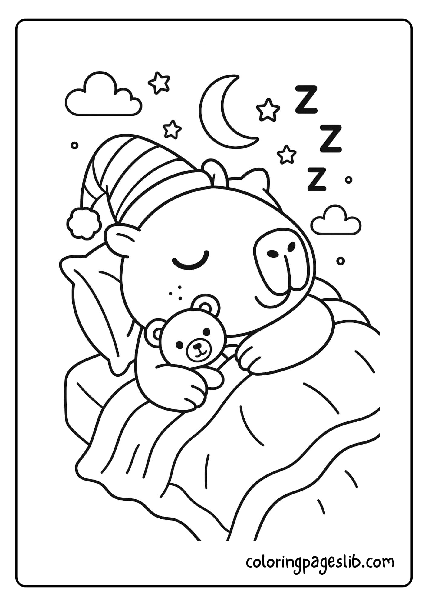 Capybara sleeping with a cozy blanket and teddy bear