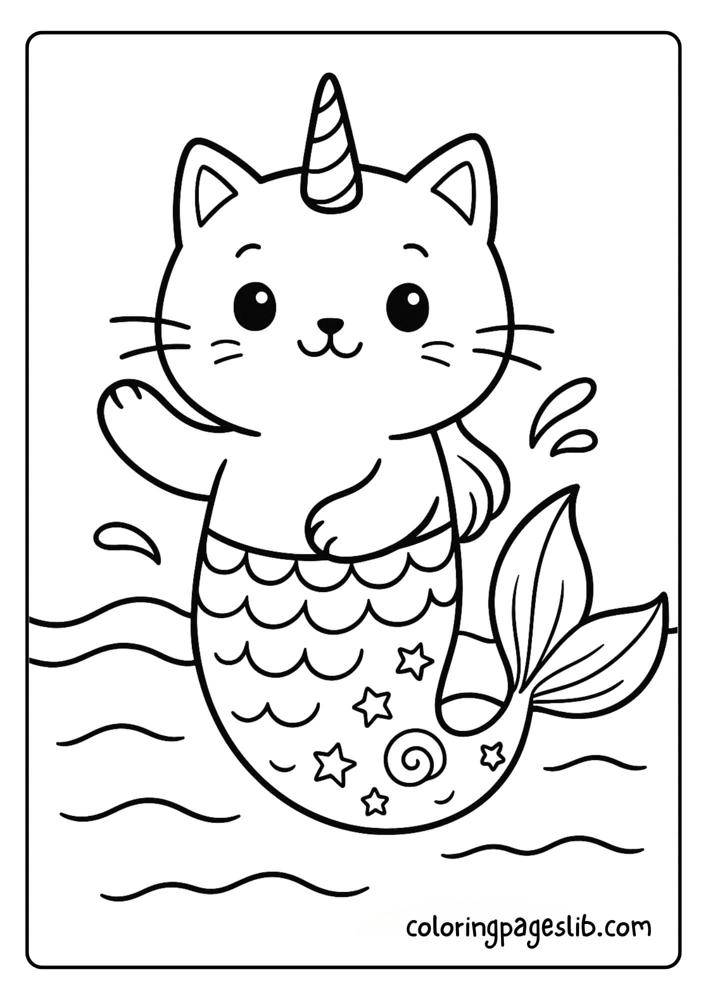 Cat Unicorn Mermaid Coloring Pages_ Waving Her Magic Tail